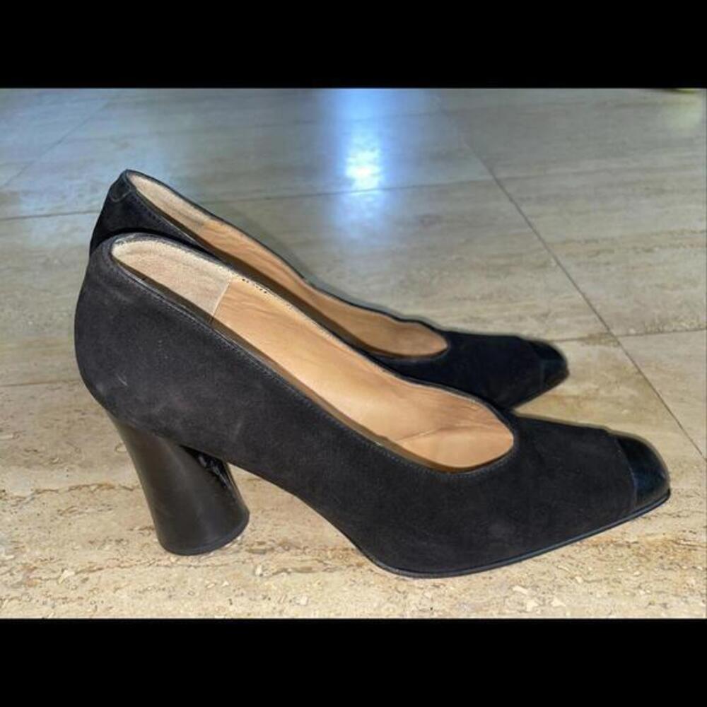 Gianmarco Lorenzi Black Suede Patent Block‎ Heel Pump 39